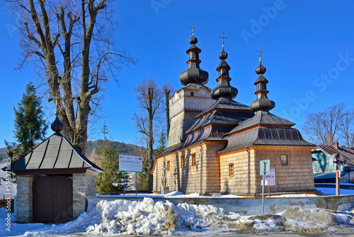 Orthodox wooden church in winter time, Wysowa Zdroj, Low Beskids (Beskid Niski), Poland