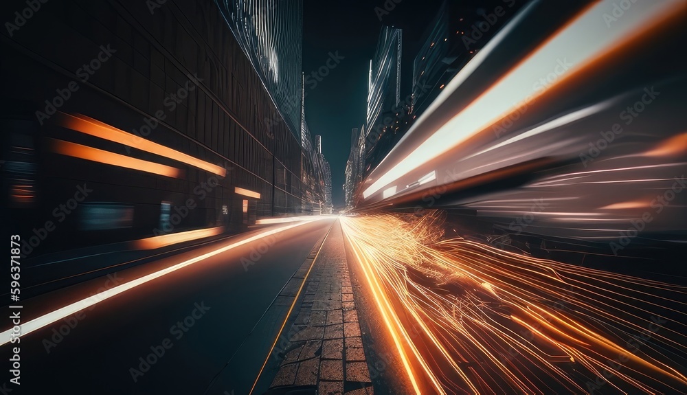 Fast moving car lights driving on road at night, hyperlapse traffic transport of urban city life, long exposure colorful neon light trails line speed motion. Generative AI