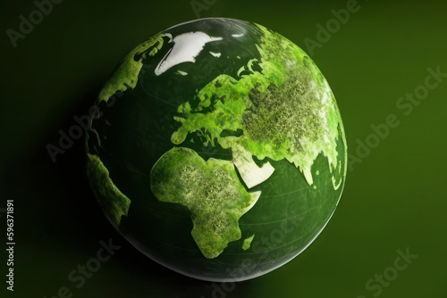 Green earth globe on a green background. Eco-friendly concept (Generative AI)