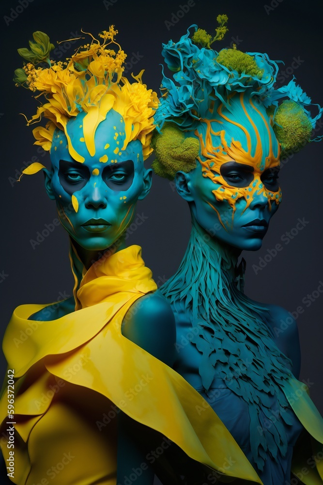AI generated photorealistic illustration of two blue and yellow floral ...