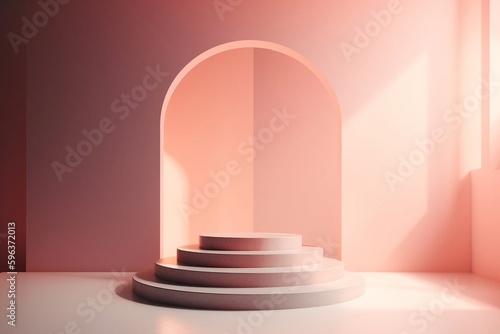Fototapeta Naklejka Na Ścianę i Meble -  Podium with beautiful backlighting in pastel pink tones. product presentation and display stand 3d illustration. generative ai