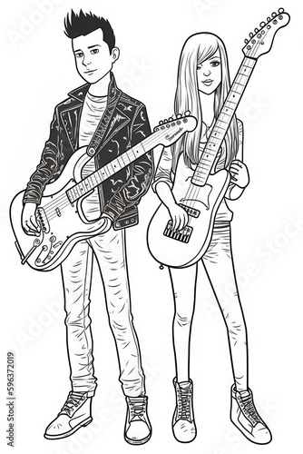 Young couple with guitar. Vector illustration ready for vinyl cutting. Monochrome image..Generative AI © Newton
