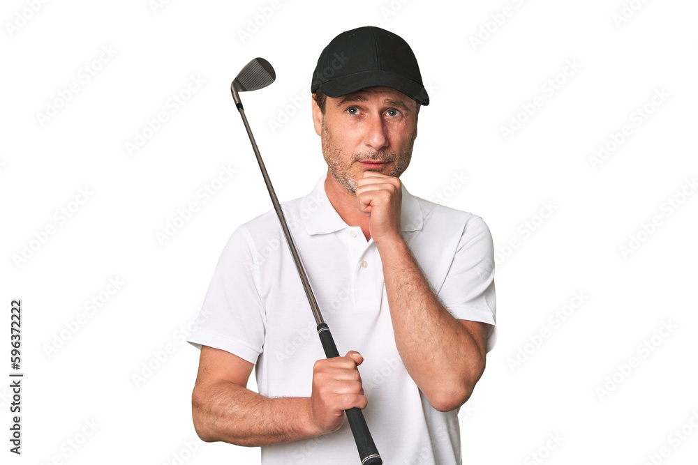 Middle aged golfer man looking sideways with doubtful and skeptical expression. Middle aged golfer man looking sideways with doubtful and skeptical expression.