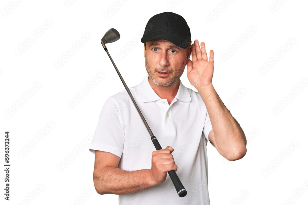 Middle aged golfer man pointing temple with finger, thinking, focused on a task. Middle aged golfer man pointing temple with finger, thinking, focused on a task.