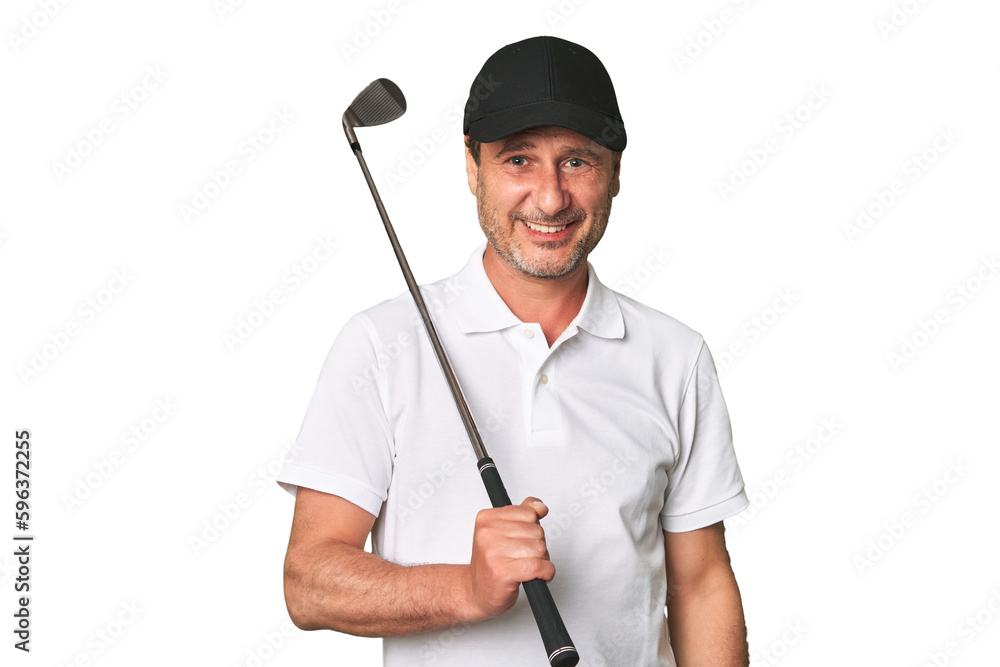 Middle aged golfer man touching back of head, thinking and making a choice. Middle aged golfer man touching back of head, thinking and making a choice.