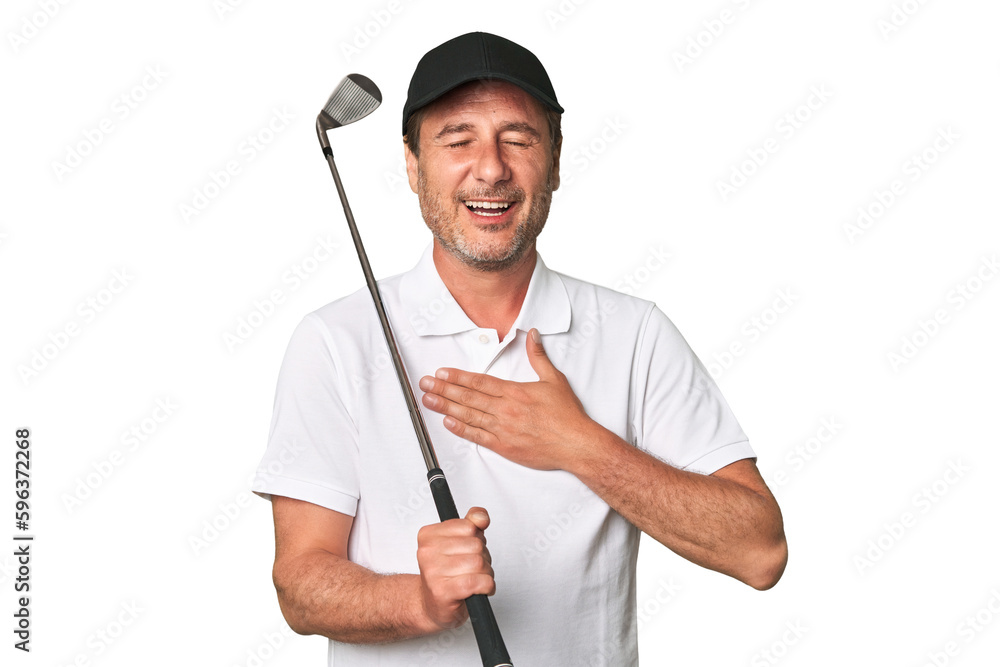 Middle aged golfer man laughs out loudly keeping hand on chest. Middle aged golfer man laughs out loudly keeping hand on chest.
