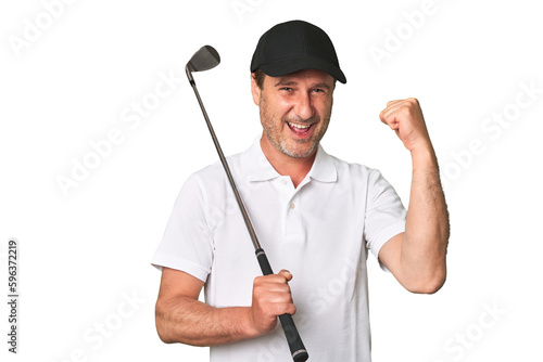 Middle aged golfer man relaxed thinking about something looking at a copy space.
