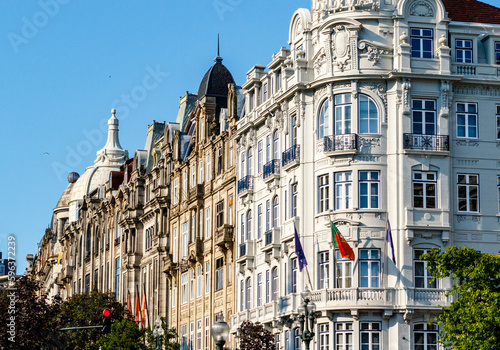 Facade of a Portuguese apartment buildings in the historic center of Porto, Portugal, Europe