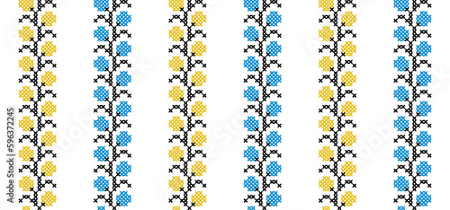 Ukrainian vector seamless fashion pattern, ornament, border. Traditional folk, ethnic pattern. Decoration in yellow and blue. Ukrainian fashion pattern. Pixel art, vyshyvanka, cross stitch