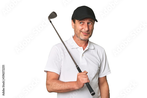 Middle aged golfer man dreaming of achieving goals and purposes