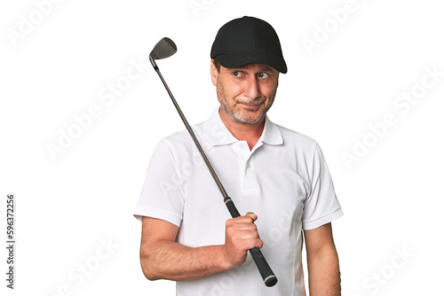 Middle aged golfer man biting fingernails, nervous and very anxious.