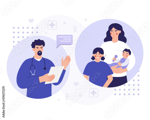 Pediatric doctor consulting young family of three online