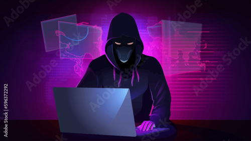 the hacker is sitting at the computer. Vector, cybersecurity on the Internet