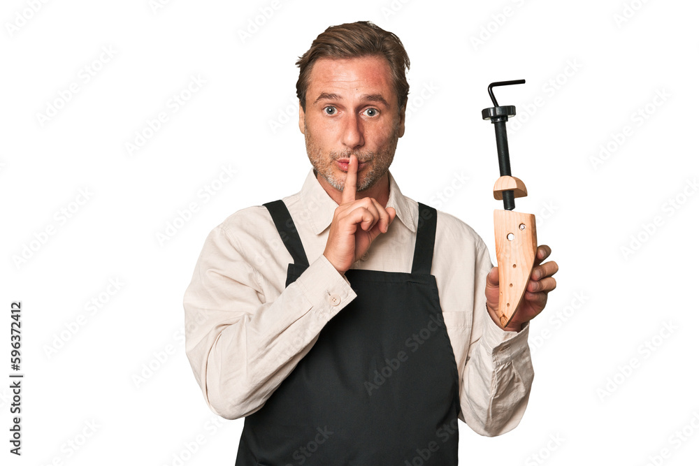 A middle-aged shoe maker keeping a secret or asking for silence. A middle-aged shoe maker keeping a secret or asking for silence.