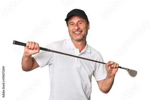 A miggle-aged golfer man holding a golf stick isolated