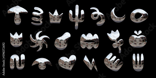 Set of various isolated chrome 3D elements in Y2K design style, shiny metallic vector abstract shapes - flower, heart, moon, crown, cactus, spiral, eye, lightning, mushroom