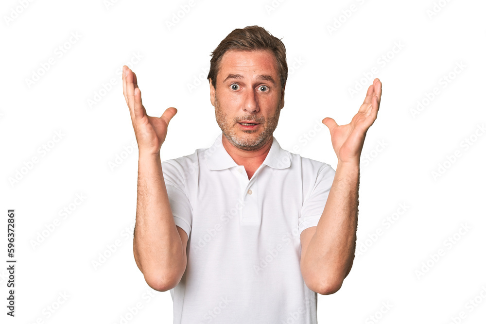 A middle-aged man isolated screaming to the sky, looking up, frustrated. A middle-aged man isolated screaming to the sky, looking up, frustrated.