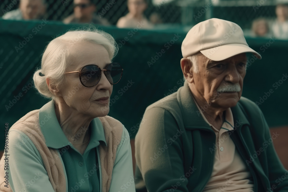 Old couple sitting on a bench in a sports field and watching someone play, retired sports, tennis court, generative ai. Old couple sitting on a bench in a sports field and watching someone play, retired sports, tennis court, generative ai.
