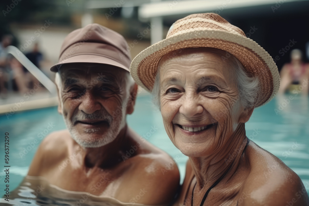 An old gray-haired man and a woman in a pool on vacation are swimming, smiling at the camera, wearing glasses and hats, the joy of retirement. generative ai.