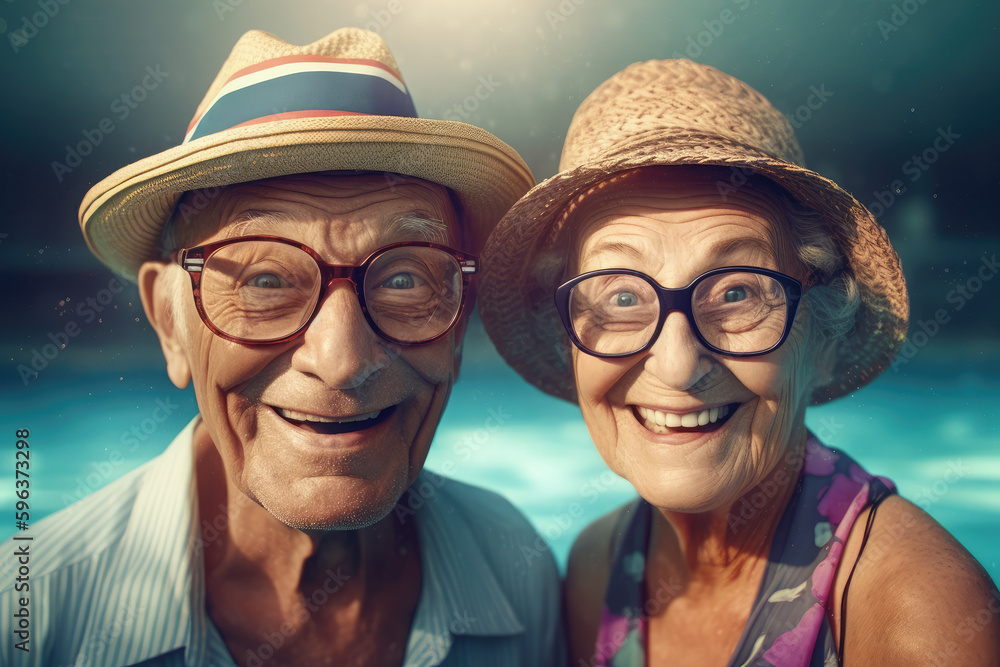 An old gray-haired man and a woman near pool on vacation smiling at the camera, wearing glasses and hats, the joy of retirement. generative ai.