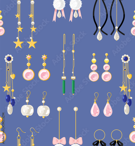 Gold earrings Jewelry seamless pattern. Vector flat illustration of jewels accessories - pearl, diamond, sapphire gemstone earring. Fashion repeated background