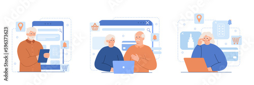 Aged people making online orders using electronic devices