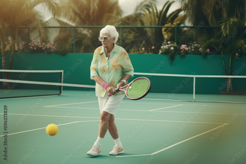 An old woman on the background of the sunset plays a large tennis racket in her hands, sports after retirement, stylish aging, sports. generative ai.