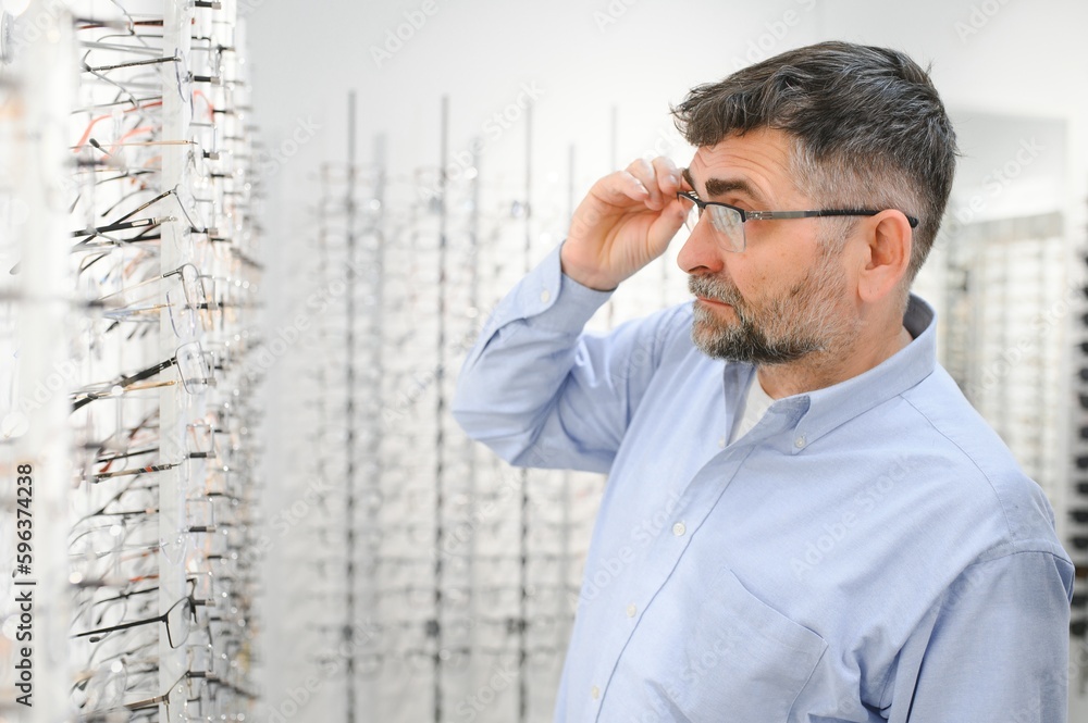male customer choosing glasses in optics store male customer choosing glasses in optics store