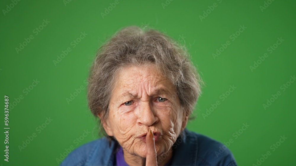 Closeup portrait of angry upset frustrated angry elderly senior old woman saying shh, quiet, with wrinkled skin and grey hair on green screen background. Closeup portrait of angry upset frustrated angry elderly senior old woman saying shh, quiet, with wrinkled skin and grey hair on green screen background.
