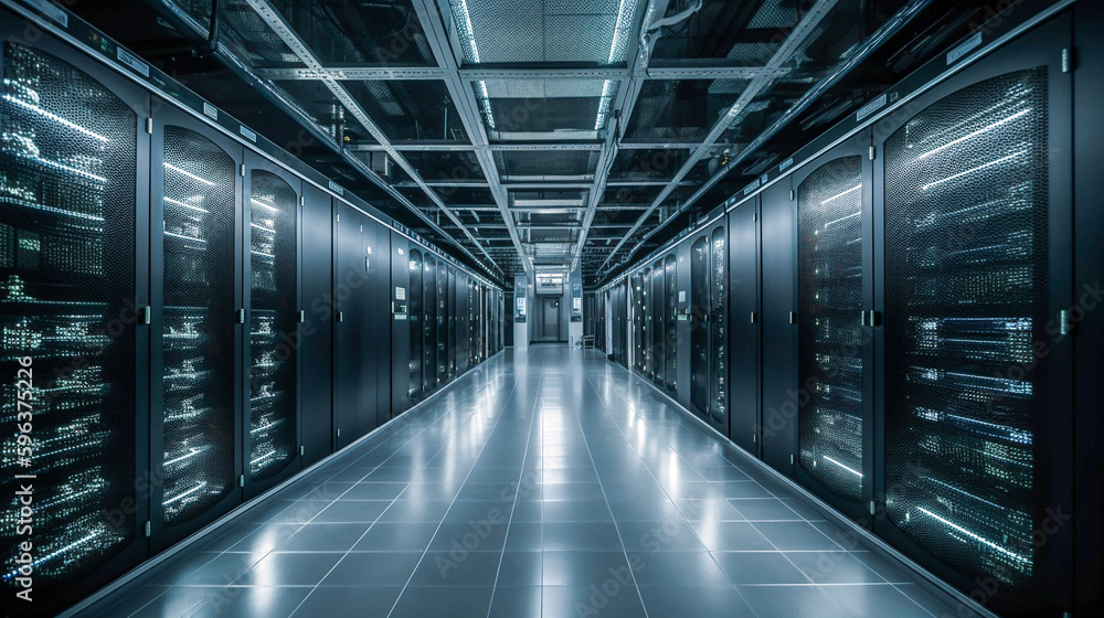 Data Center Corridor, Racks with servers on the left and right side, Cloud Computing, Server Racks, Generative AI