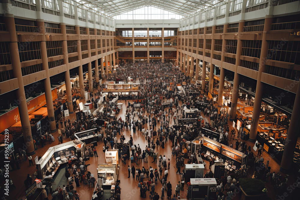 Bird's eye view of a crowded, busy conference expo hall, where attendees are learning about best business practices and networking, creating new connections for business development and strategy