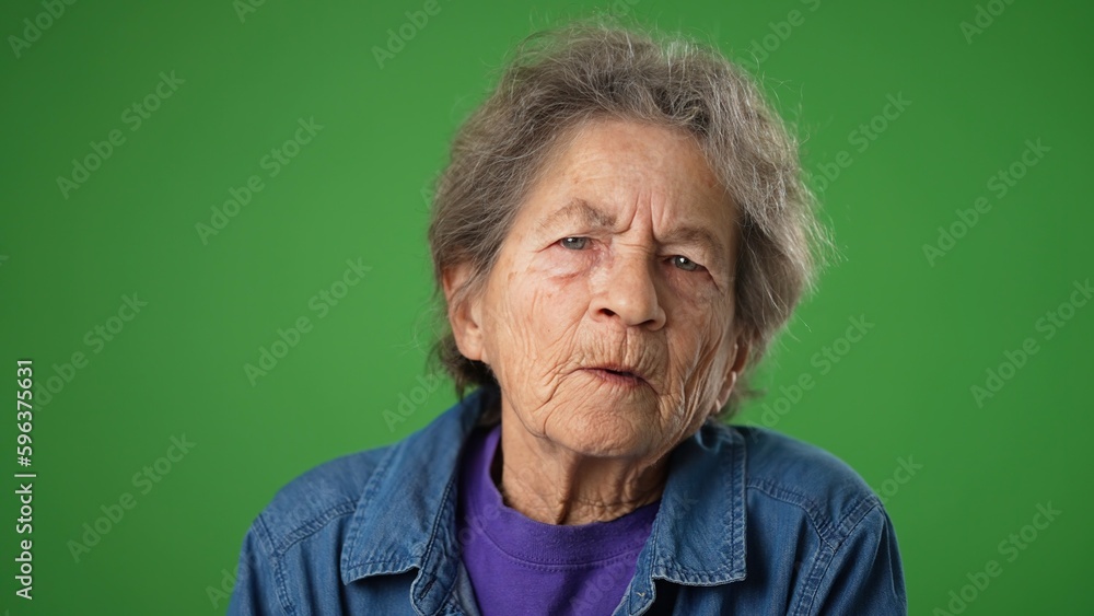 Fototapeta premium Closeup of thinking thoughtful elderly old toothless woman with idea on green screen background.