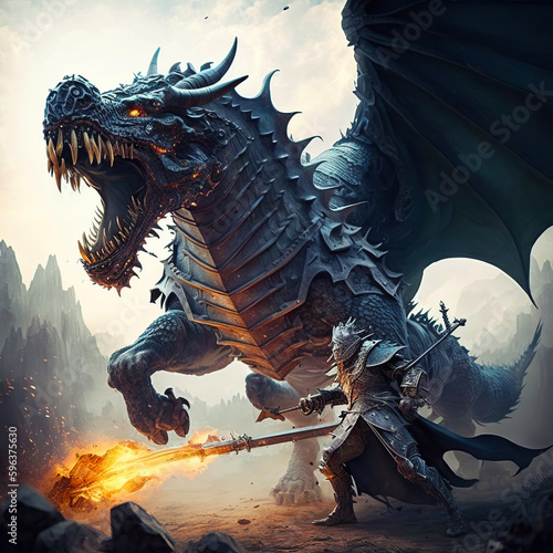 Knight fighting dragon. Generative AI. © innluga