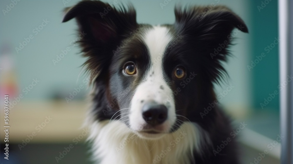 Border collie puppy dog holding stethoscope in mouth on yellow background. Purebred pet dog waiting to be seen by the veterinarian in the clinic.Animals and pet health concept. The Generative AI