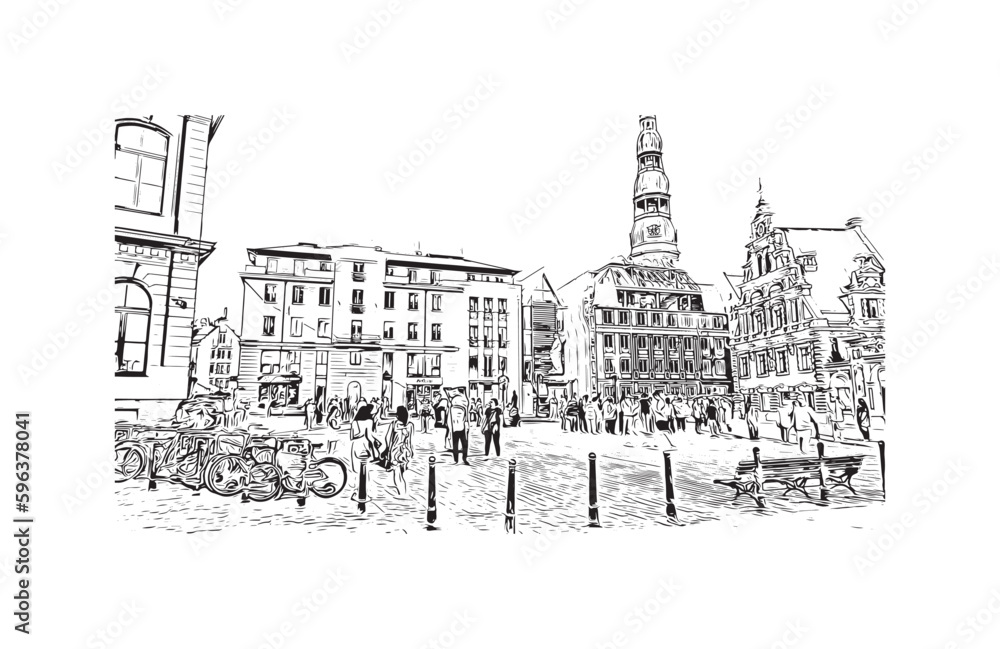 Obraz premium Building view with landmark of Riga is the capital of Latvia. Hand drawn sketch illustration in vector.