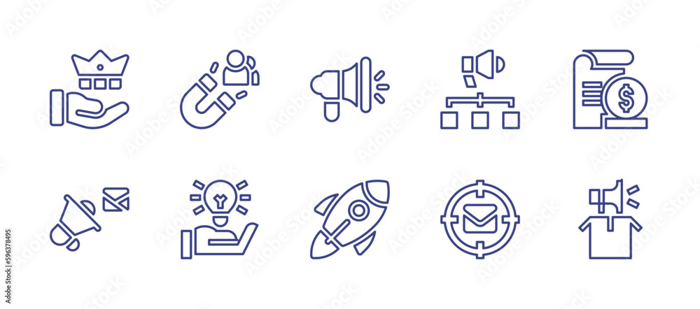 Marketing line icon set. Editable stroke. Vector illustration. Containing crown, attract customers, megaphone, marketing, cost, idea, start up, mail.