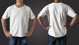 White t-shirt mock up, front and back view, isolated. Teenage male model wear plain white shirt mockup. Tshirt design template