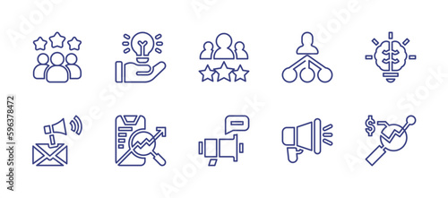 Marketing line icon set. Editable stroke. Vector illustration. Containing customer review, hand, best employee, affiliate marketing, creativity, email marketing, marketing, megaphone.