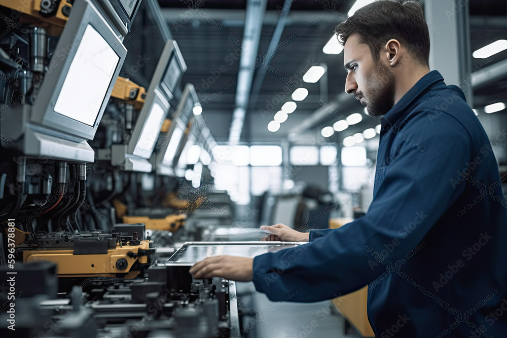 Engineer checking machines for safety protocol in a manufacturing plant with heavy machinery. Quality control through inspection of robots used in the production process. Engineer checking machines for safety protocol in a manufacturing plant with heavy machinery. Quality control through inspection of robots used in the production process.