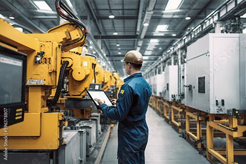 Engineer checking machines for safety protocol in a manufacturing plant with heavy machinery.  Quality control through inspection of robots used in the production process.