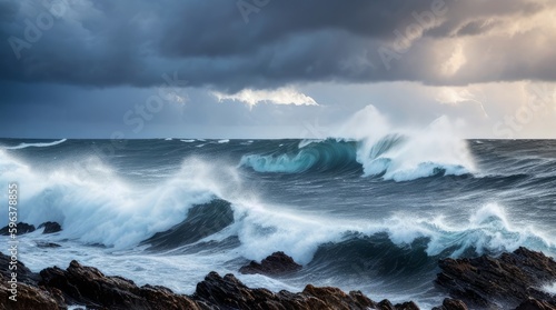 A dramatic seascape, with crashing waves and a stormy sky.