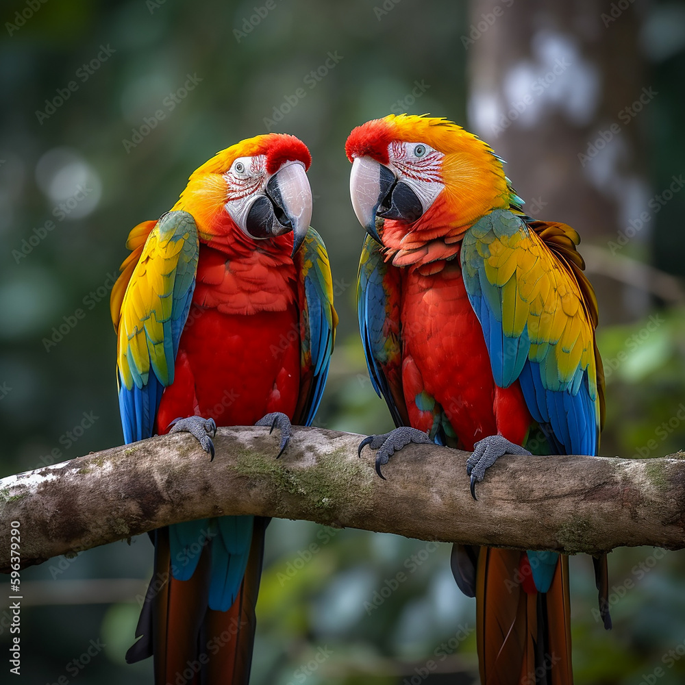A beautiful pair of macaws huddled on a branch. Generative AI