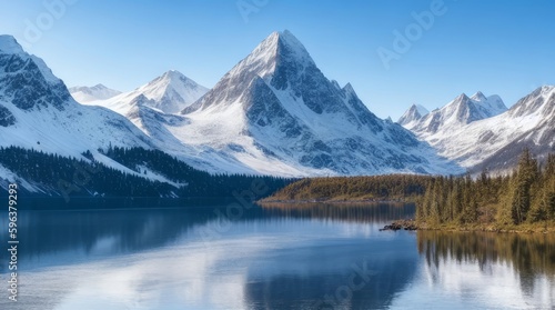 A stunning mountain landscape  with snow-capped peaks and a misty valley below.