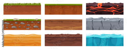 Ground in a section with different layers. Seamless pattern with land platforms for games. Vector illustration