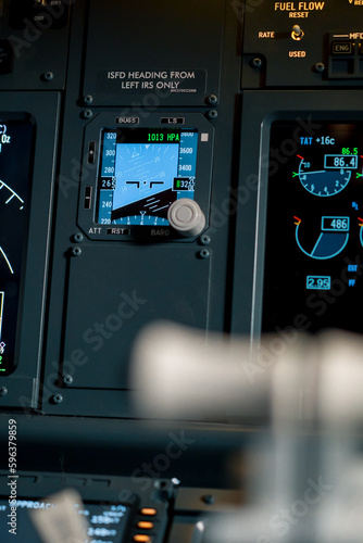A detailed shot of the control and navigation panel in the cockpit of a Boeing 737 Flight Simulator passenger plane