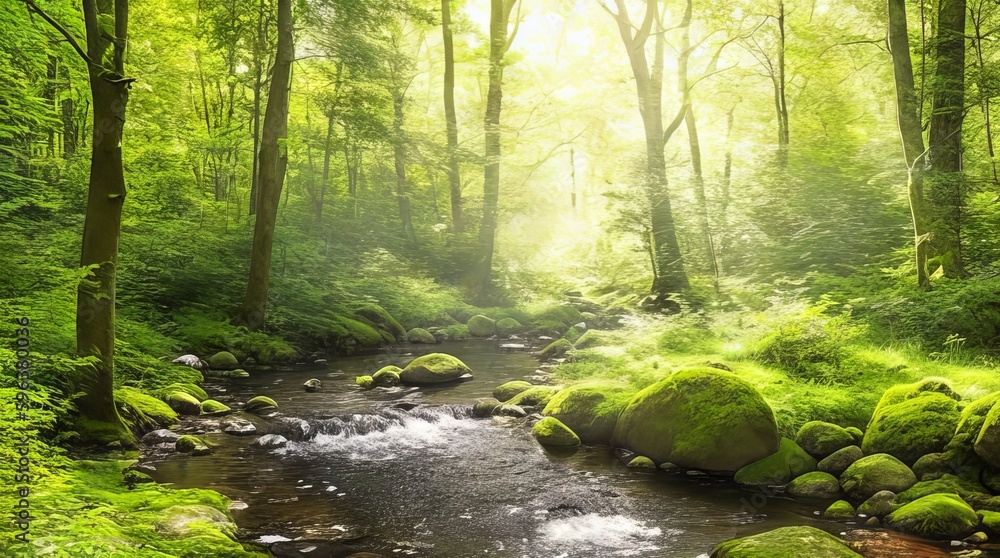 Obraz premium A peaceful forest scene, with sunlight filtering through the trees and a babbling brook in the background.
