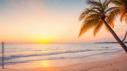A serene beach scene at sunset, with palm trees and gentle waves lapping the shore. © Shamim Akhtar