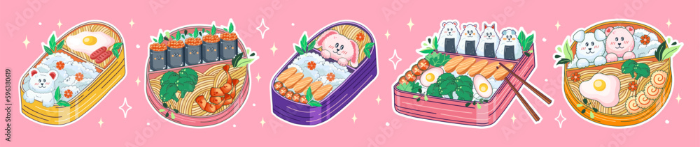Bento box in Kawaii style. Cute, colorful illustration. Japanese