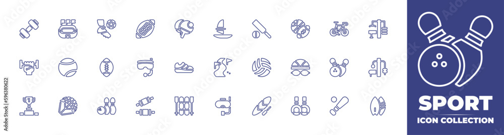 Sport line icon collection. Editable stroke. Vector illustration. Containing dumbell, stadium, soccer, american football, ping pong, windsurf, cricket bat, news, bike, gym, dumbbell, tennis, and more.