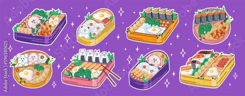 Bento boxes in Kawaii style. Cute, colorful illustration. Japanese food in lunch boxes. Anime. Vector.